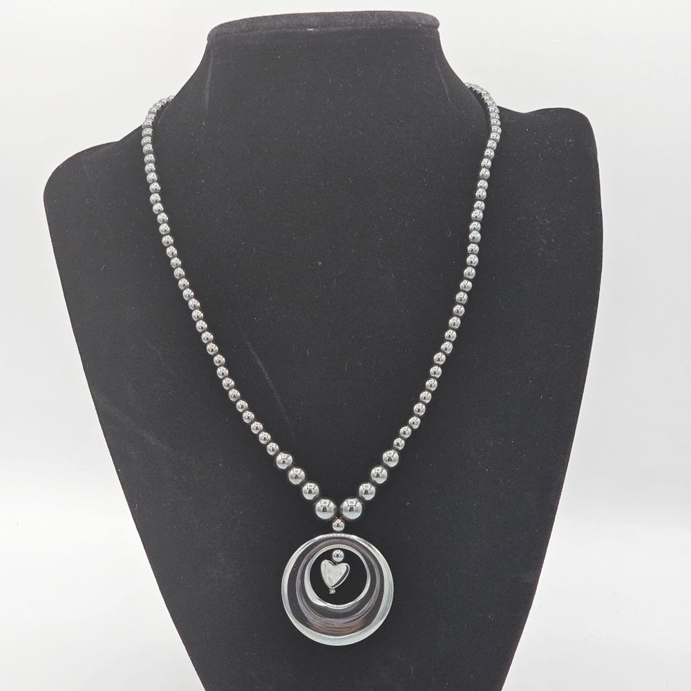 (146) Vintage Black Hematite Beaded Necklace Heart in the Center of a Ring